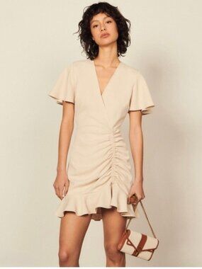 SANDRO~ALBI Ruched Ruffled Crepe Mini Dress~ Beige~EU 36